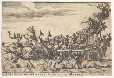 Plåt 16: Musikerskepp med havsguden Claucus och tritons Barcha di musici rapra C..., 1664. av Unbekannt