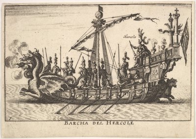 Plåt 1: Hercules skepp Barcha del Hercole, med drakhuvud och Hercules på pl..., 1664. av Unbekannt