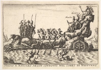 Plåt 9: Argonauterna Hicleus och Naucleus ledde i flottören av Neptunus Hicleo e Naucleo Argo..., 1664. av Unbekannt