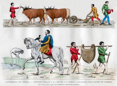 Plöjning, en herre som jagar med en fågel, en slav och två tjänare, 500-700-talet 1882-1884 av Unbekannt