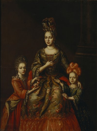 Porträtt av Anastasiya Yakovlevna Naryshkina med barn Alexandra Kirillovna och Tatyana Kirillovna, tidigt 1700-tal. av Unbekannt