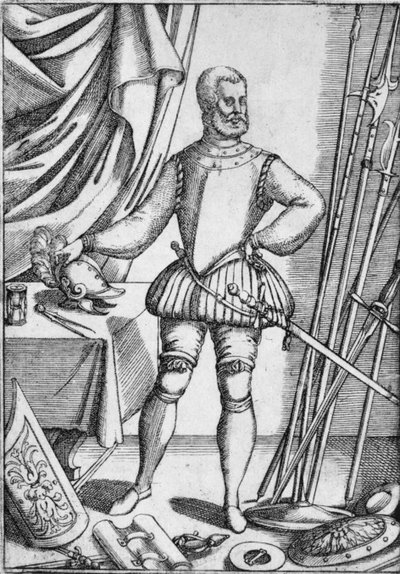 Porträtt av Giacomo Di Grassi, som visar vapen som han lärde sina elever att använda, 1575, 1936 av Unbekannt