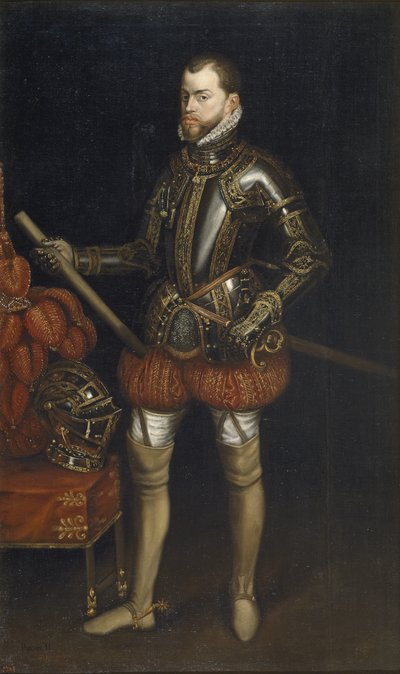 Porträtt av Filip II 1527-1598 i rustning från slaget vid Saint Quentin, tidigt 1600-tal av Unbekannt