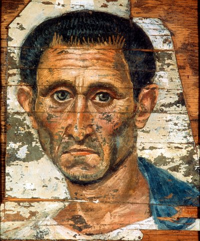 Porträtt av en medelålders man i en blå kappa, romansk-egyptiskt mumieporträtt, sent 1:a århundradet av Unbekannt