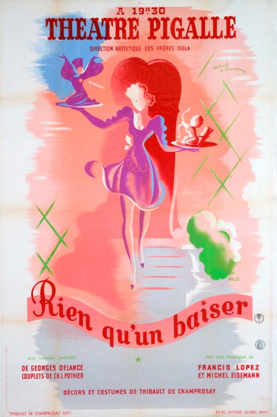 Affisch för Just a Kiss, på Théâtre Pigalle, Paris, 1900-talet av Unbekannt