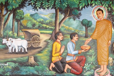 Preah Prom Rath Monastery Life of the Buddha Siddhartha Gautama fick mat som gavs av två brahmaner, Siem Reap, Kambodja av Unbekannt