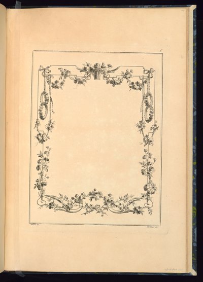 Skriv ut, Pl. 6 av 18: e boken om karteller och troféer från Ransons verk från Works som innehåller en samling troféer, attribut, kartonger, vaser, blommor, prydnadsföremål och flera trevliga mönster för brodering av fåtöljer; komponerat och designat av Ra av Unbekannt