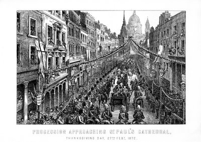 Procession närmar sig St Pauls Cathedral, Thanksgiving Day, 27 februari 1872, 1899 av Unbekannt