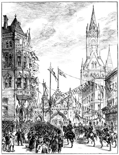 Procession närmar sig rådhuset, Manchester, 1887 av Unbekannt