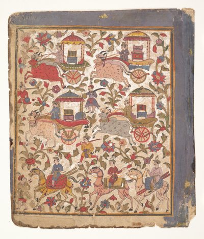Procession av vagnar som bär byte...från ett dispersed Bhagavata Purana-manuskript, c1640-50. av Unbekannt