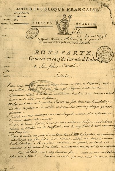 Tillkännagivande av Napoleon till sina vapenbröder, 20 maj 1796, 1921. av Unbekannt