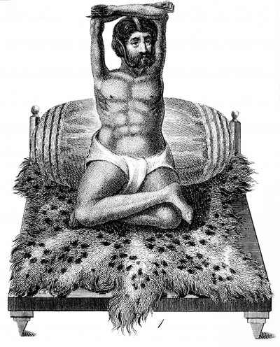 Purana Puri, hinduisk filosof, höjer sina armar över huvudet, 1811 av Unbekannt