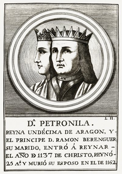 Raimond Berenger IV av Barcelona och Petronilla drottning av Aragon, gravyr. av Unbekannt