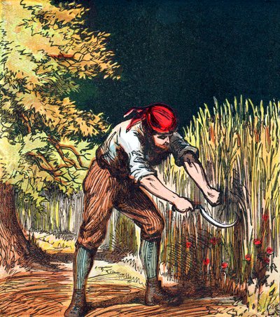 Reaper börjar skära vete med en skära, 1867 av Unbekannt