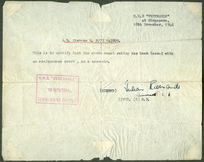 Kvitto för ett före detta japanskt svärd, HMS Venerable, Singapore, 1946 av Unbekannt