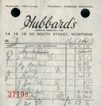Kvitto från Hubbards varuhus, 1921. av Unbekannt