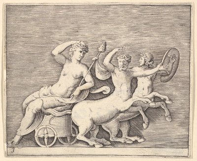 Liggande kvinnlig figur på en vagn tecknad av två kentaurer, publicerad ca. 1599-1622. av Unbekannt