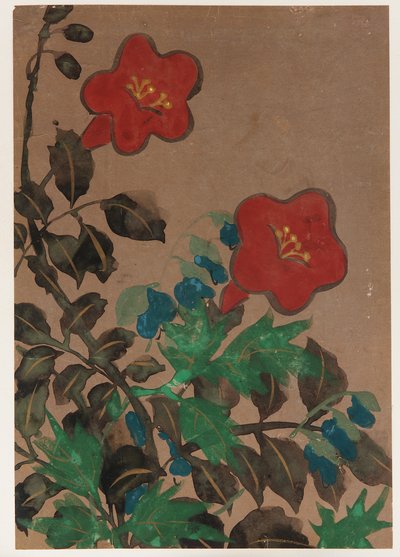 Röda och blåa blommor och bladverk, Edo-perioden, 1615-1868. av Unbekannt