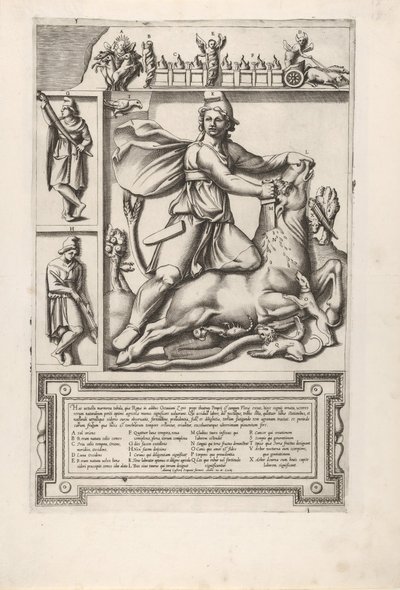 Relief med Mithras som knäböjer på en tjur och driver ett svärd i dess axel, till vänster två..., 1564. av Unbekannt