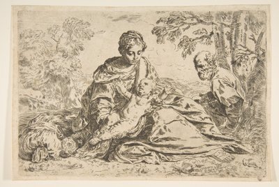 Vila på flyget till Egypten, Maria håller spädbarnet Kristus med St. Josef ..., ca 1640 eller senare. av Unbekannt