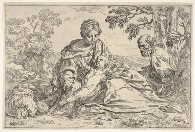 Vila på flykten till Egypten, Maria håller spädbarnet Kristus med St. Josef..., ca. 1640 eller senare. av Unbekannt