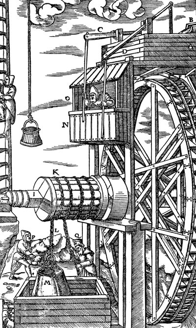 Vändbar hiss för att lyfta upp läderhinkar från ett gruvschakt, 1556 av Unbekannt