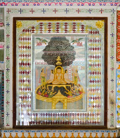 Rikt dekorerade religiösa konstverk i ett rum i 1800-talets Patwon ki Haveli herrgård, Jaisalmer, Rajasthan, Indien (foto) av Unbekannt
