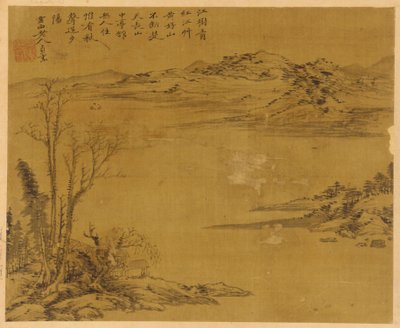 Flodlandskap: träd och hus i förgrunden, möjligen Yuan-dynastin, 1279-1368. av Unbekannt
