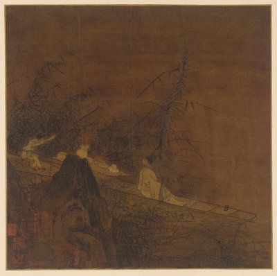 Flodscen: en båt bland vild bambu, Mingdynastin, 1368-1644. av Unbekannt