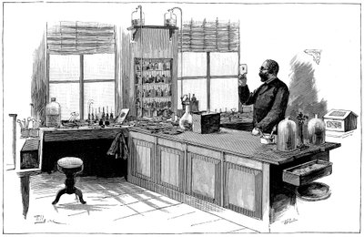 Robert Koch 1843-1910, tysk bakteriolog och läkare i sitt laboratorium av Unbekannt