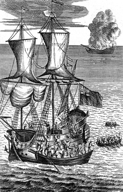 Robinson Crusoe Saves the Crew of a Ship on Fire at Sea, c1719 av Unbekannt