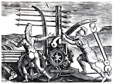 Romerska soldater som använder en krigsmotor som avfyrar flera pilar, 1605 av Unbekannt