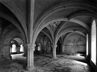 Romansk arkitektur: utsikt över den kapitulära hallen i det cistersiska klostret Fontenay grundat 1118 (Cote d
