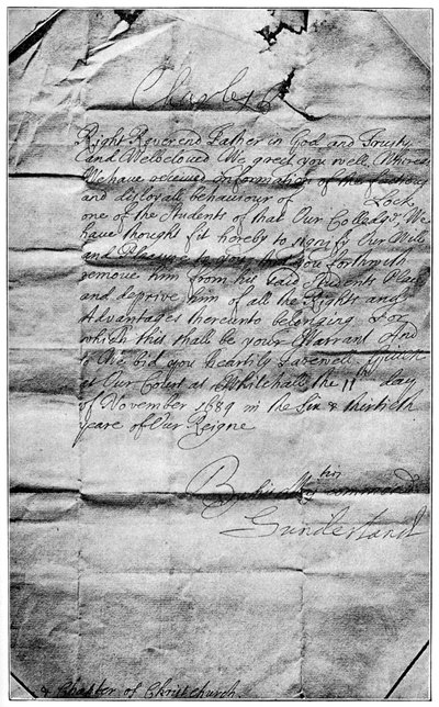 Kungligt mandat att radera namnet Locke från studenterna i Christ Church, Oxford, 1684, 1894 av Unbekannt