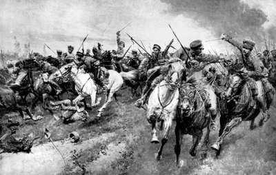 Ryska kosacker attackerar tysk armé, Östpreussen, första världskriget, 1914 av Unbekannt