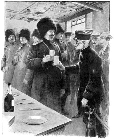Ryska och japanska generaler som delar en skål, rysk-japanska kriget 1904-5 av Unbekannt