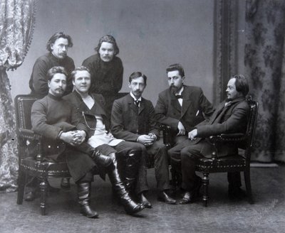 Den ryske författaren Maxim Gorky i litteraturgruppen Sreda Wednesday, 1902 av Unbekannt