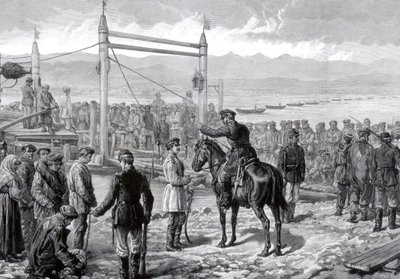 Ryska fångar under militär eskort väntar på att få färja över floden Jenisej, Sibirien, 1882 av Unbekannt