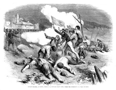 Ryska soldater skjuter på en engelsk båtbesättning, under skydd av vapenvilans flagga, 1855 av Unbekannt