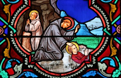 Heliga hjärtats kyrka. Fönster i målat glas. Benedikt av Nursia. St. Benedict är Europas och studenters skyddshelgon, 20160604, Moulins, Frankrike av Unbekannt