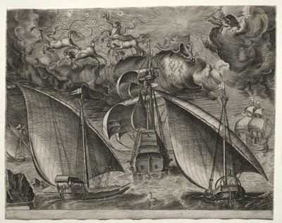 Segelfartyg: Två galärer som seglar bakom en beväpnad tremästare med Phaeton..., 1561-65. av Unbekannt