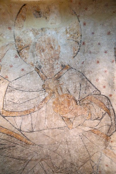 Saint-Claude, Jura, Frankrike, le 31/8/2015 - St Claude Abbey Museum. Kristus i härlighet. Målning. 1400-talet. av Unbekannt
