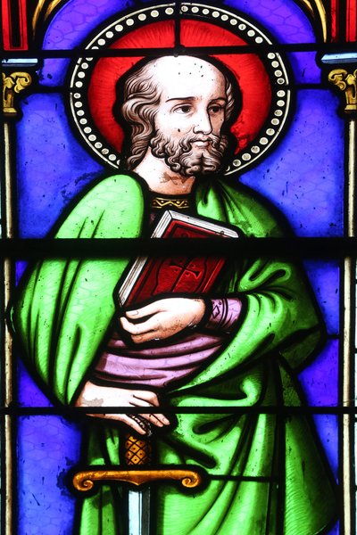 Saint-Pere kyrka. Fönster i målat glas. Aposteln Paulus. Frankrike av Unbekannt