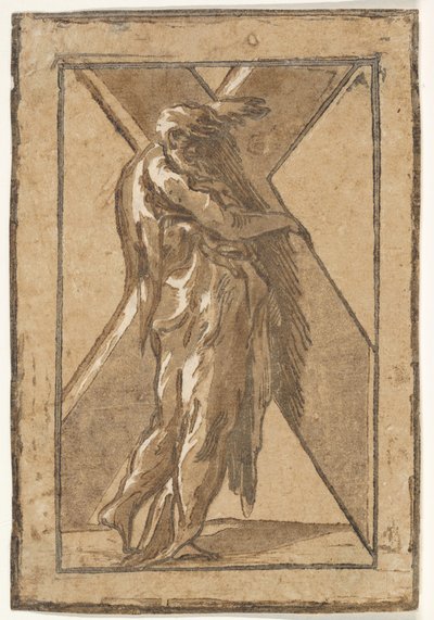 Saint Andrew står i profil och håller ett stort kors från en serie av Tolv Apo..., ca. 1540-50. av Unbekannt