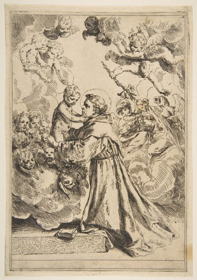 Sankt Antonius av Padua avgudar Kristusbarnet i ära, kopia efter Cantarini, ca. 1640 eller senare. av Unbekannt