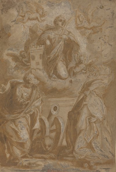 Saint Barbara in Glory med Saints Nicholas och Hieronymus, andra hälften av 1500-talet. av Unbekannt