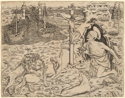 Saint Hieronymus i botgörelse, med två skepp i en hamn, ca. 14801500. av Unbekannt