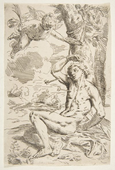 Saint Sebastian genomborrad med pilar och bunden till ett träd, kopia efter Cantarini, ca. 1639 eller senare. av Unbekannt