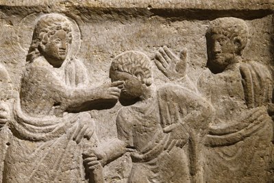 Saint Victor-klostret, Marseille. Sarkofagdetalj: Jesus botar en blind man. Frankrike av Unbekannt