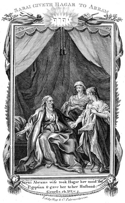 Sarah, Abrahams hustru, som är ofruktbar, erbjuder Hagar sin piga till sin man, c1804 av Unbekannt